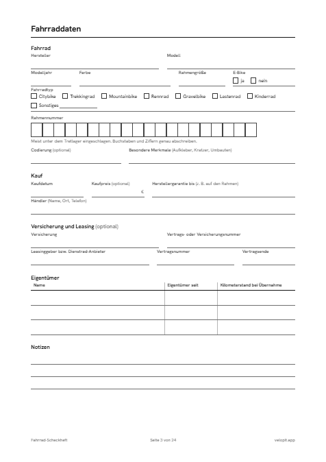 Seite 3 der Vorlage: Fahrraddaten mit Feldern für Hersteller, Modell, Rahmennummer, Kauf und Versicherung (öffnet das PDF)
