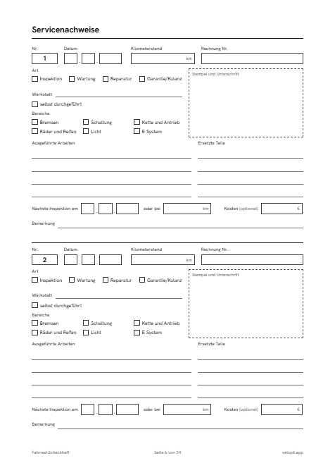 Seite 6 der Vorlage: zwei leere Servicenachweise mit Feldern für Datum, Kilometerstand, Rechnungsnummer, Arbeiten und Stempel (öffnet das PDF)