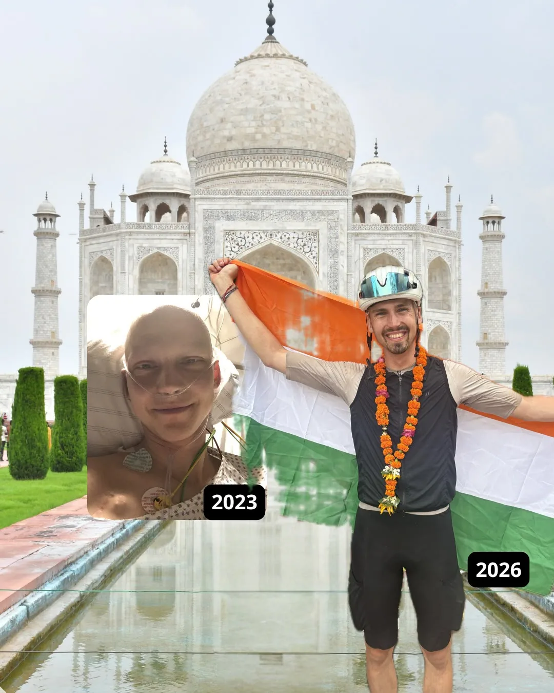 John Müller 2026 mit indischer Flagge vor dem Taj Mahal, im Inset ein Foto aus seiner Behandlung 2023