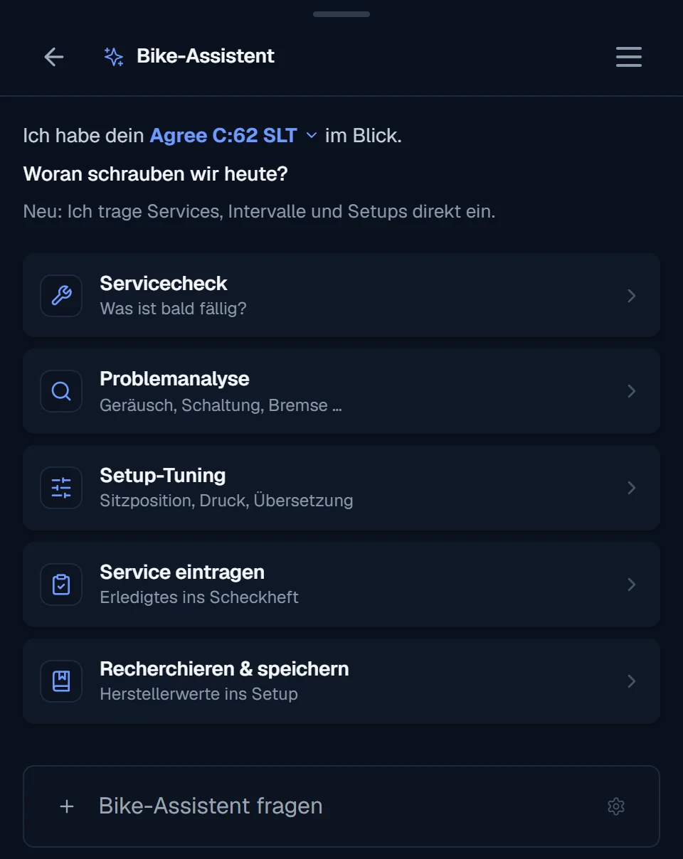 Velopit Bike-Assistent – Startdialog mit Servicecheck, Problemanalyse und Setup-Tuning