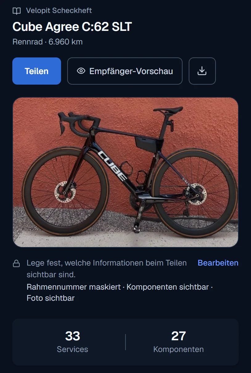 Velopit Digitales Scheckheft – Servicehistorie mit Datum und Kilometerstand