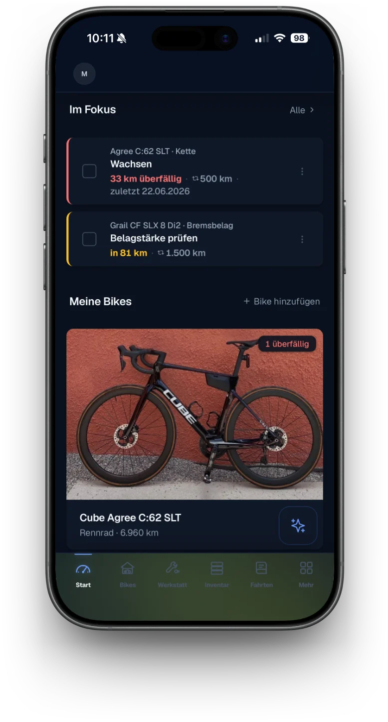 Velopit Start – Bike-Status und anstehender Service auf einen Blick