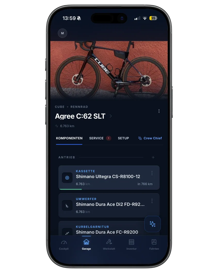 Velopit Garage – Komponenten eines Bikes mit Laufleistung je Bauteil