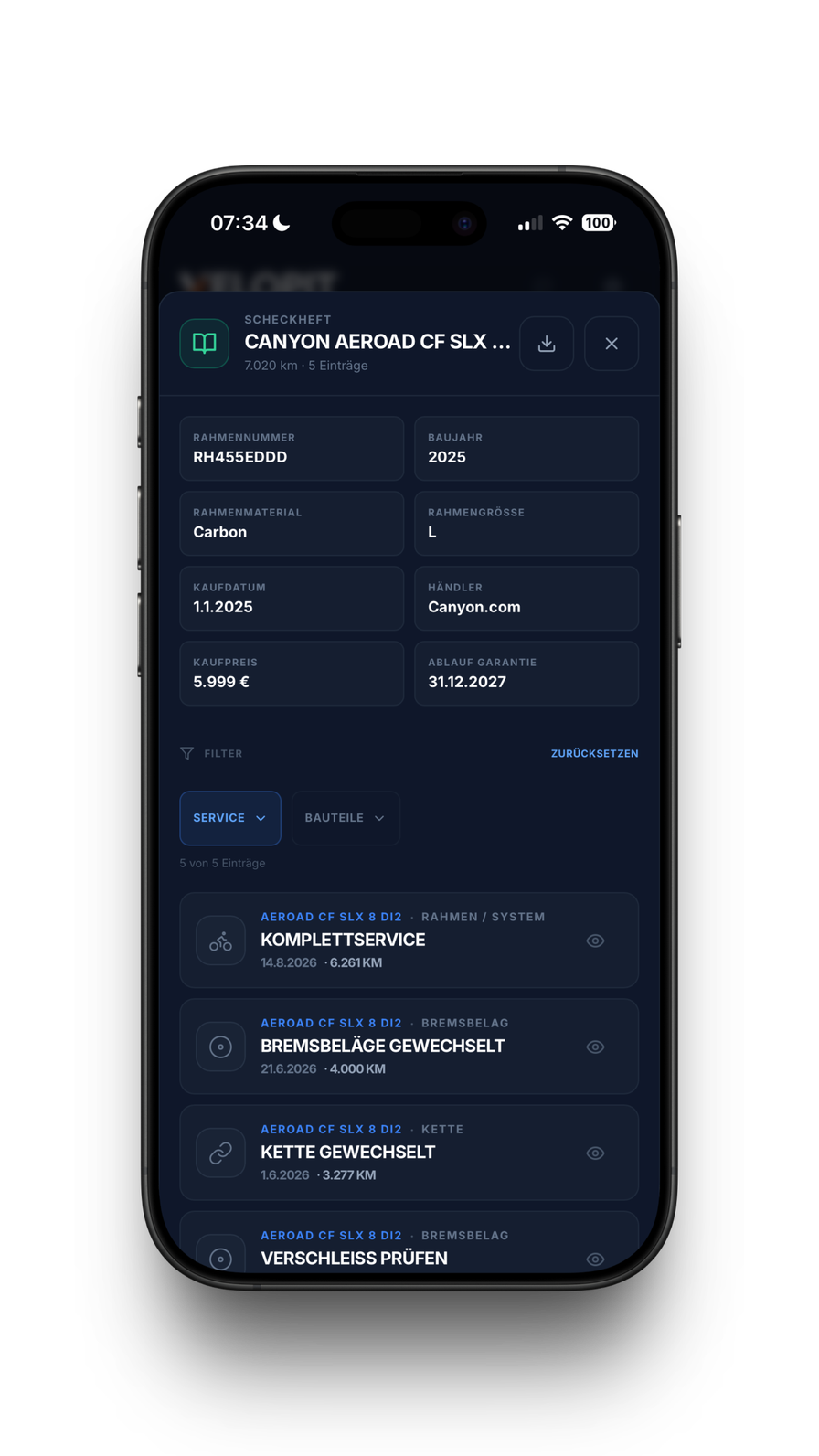 Velopit Digitales Scheckheft – Servicehistorie mit Datum und Kilometerstand
