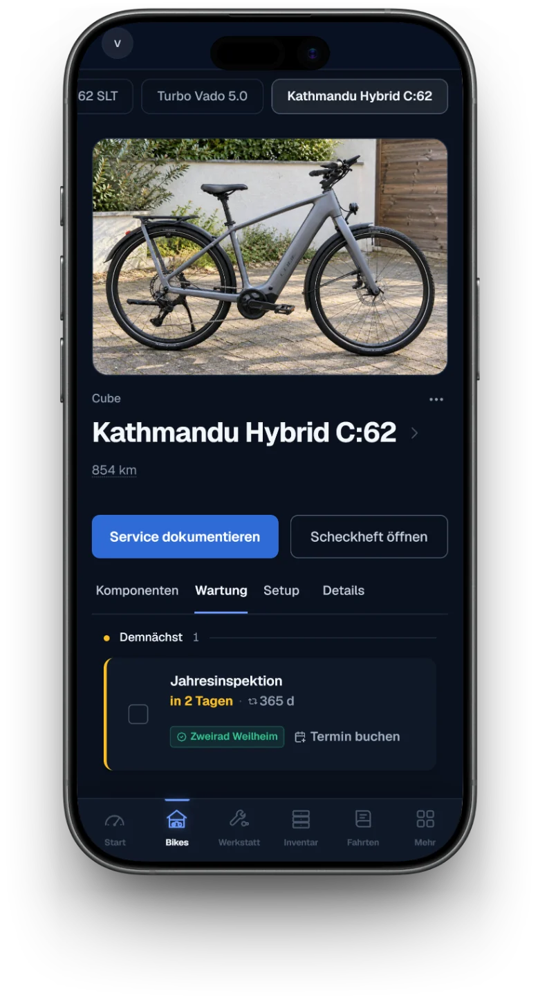 Das Rad des Kunden in Velopit: die Jahresinspektion ist in 2 Tagen fällig, mit der Werkstatt und dem Button Termin buchen