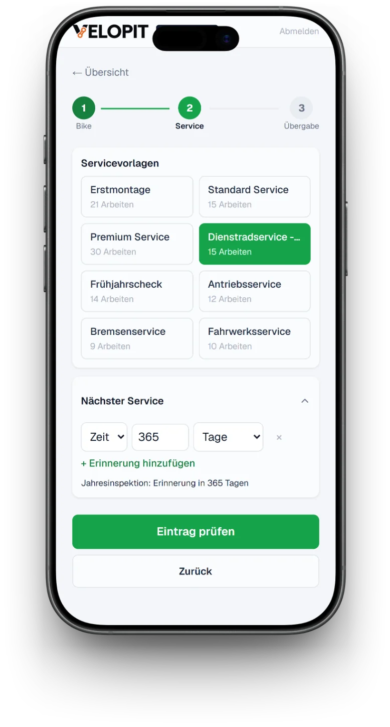 Velopit Workshop: Werkstatteintrag erstellen mit der Servicevorlage Dienstradservice und dem nächsten Service in 365 Tagen